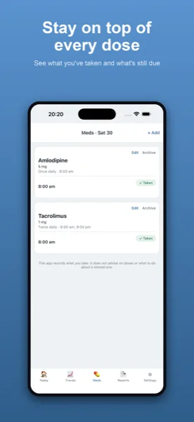 The medications screen showing a list of medications with reminder times.