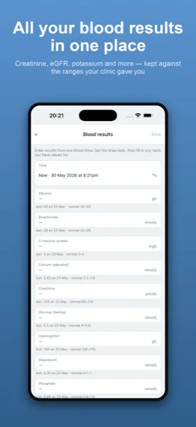 Blood results screen in Kidney Tracker plotting a value over several weeks